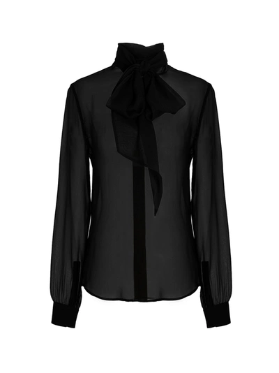 Shop Saint Laurent Transparent Silk Pussy Bow Blouse Shirt, Blouse Black