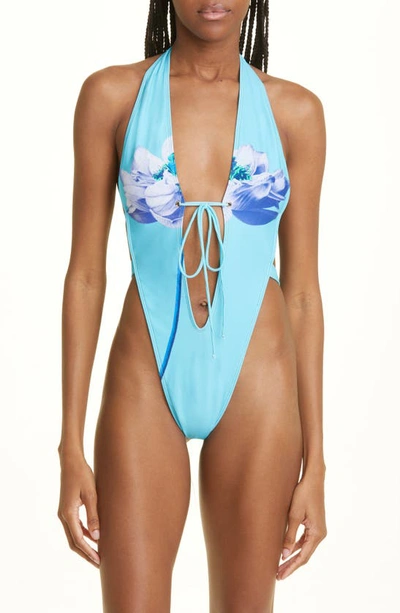 Shop Miaou Veda Plunge One-piece Thong Swimsuit In Blue Lotus