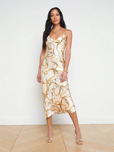 Shop L Agence Seridie Silk Slip Dress In Ecru Multi Oversized Chain