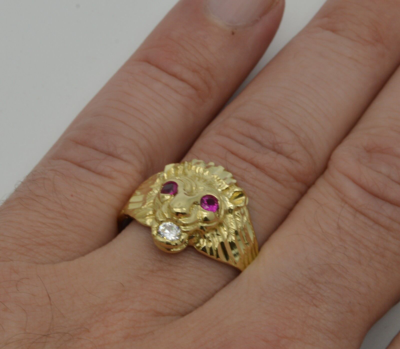 Pre-owned Head Real Solid 10k Yellow Gold Mens Red Eye Lion  Ring 5.5 Grams All Sizes