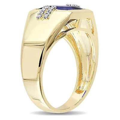 Pre-owned Amour 10k Yellow Men's 3.06 Ct Tgw Created Blue Sapphire And Diamond Accent Ring In Gold