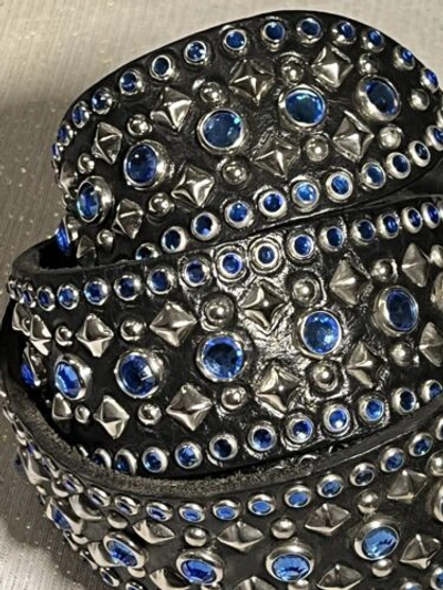 Pre-owned Handmade Robins Jean, Hand Made Leather Belt W/ Blue Swarovsky 100% Hand Made In Italy