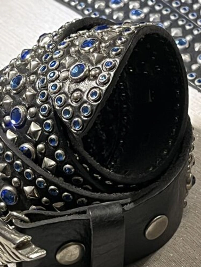 Pre-owned Handmade Robins Jean, Hand Made Leather Belt W/ Blue Swarovsky 100% Hand Made In Italy