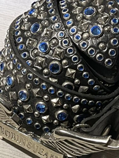Pre-owned Handmade Robins Jean, Hand Made Leather Belt W/ Blue Swarovsky 100% Hand Made In Italy