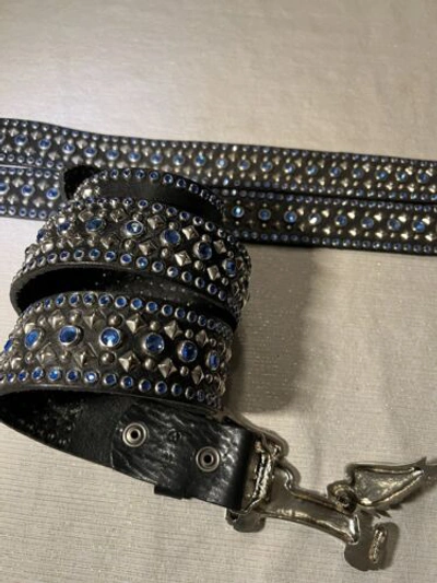 Pre-owned Handmade Robins Jean, Hand Made Leather Belt W/ Blue Swarovsky 100% Hand Made In Italy