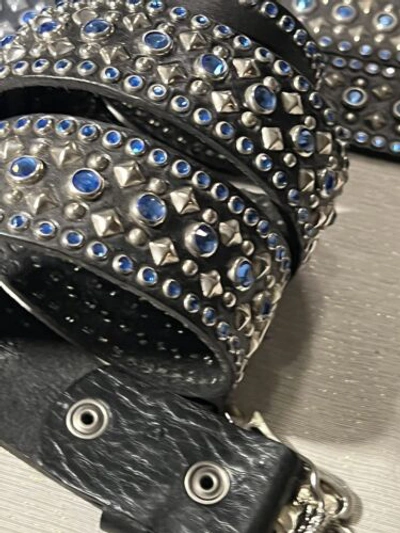 Pre-owned Handmade Robins Jean, Hand Made Leather Belt W/ Blue Swarovsky 100% Hand Made In Italy