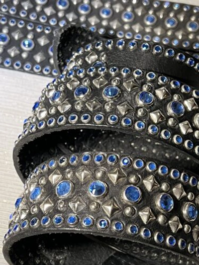 Pre-owned Handmade Robins Jean, Hand Made Leather Belt W/ Blue Swarovsky 100% Hand Made In Italy