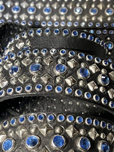 Pre-owned Handmade Robins Jean, Hand Made Leather Belt W/ Blue Swarovsky 100% Hand Made In Italy