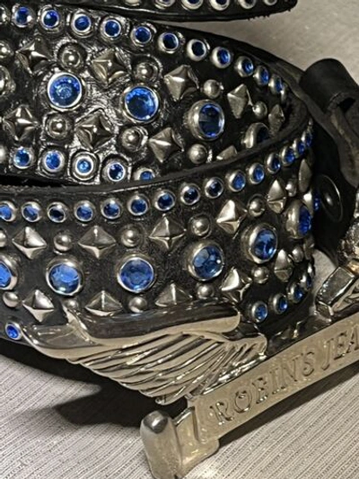 Pre-owned Handmade Robins Jean, Hand Made Leather Belt W/ Blue Swarovsky 100% Hand Made In Italy