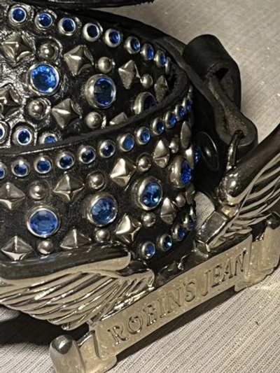 Pre-owned Handmade Robins Jean, Hand Made Leather Belt W/ Blue Swarovsky 100% Hand Made In Italy