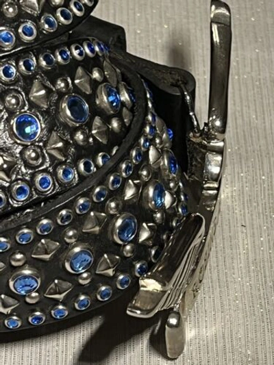 Pre-owned Handmade Robins Jean, Hand Made Leather Belt W/ Blue Swarovsky 100% Hand Made In Italy