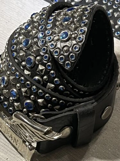 Pre-owned Handmade Robins Jean, Hand Made Leather Belt W/ Blue Swarovsky 100% Hand Made In Italy