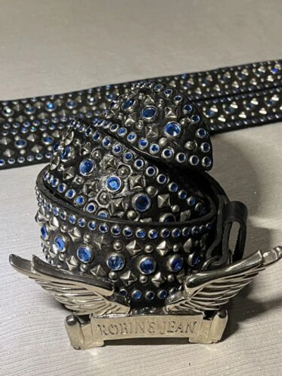 Pre-owned Handmade Robins Jean, Hand Made Leather Belt W/ Blue Swarovsky 100% Hand Made In Italy
