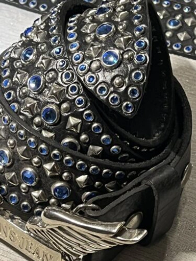 Pre-owned Handmade Robins Jean, Hand Made Leather Belt W/ Blue Swarovsky 100% Hand Made In Italy