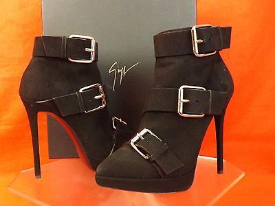 Pre-owned Giuseppe Zanotti Zanotti Black Suede Triple Buckle Emy Platform Heels Ankle Boots 37 $1250