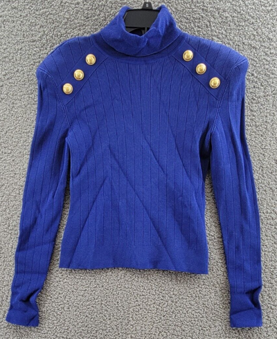 Pre-owned Balmain Knit Jumper With Gold Buttons Women's Blue Roll Turtleneck Eu 44