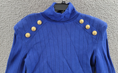 Pre-owned Balmain Knit Jumper With Gold Buttons Women's Blue Roll Turtleneck Eu 44