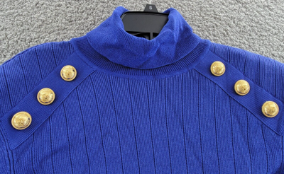 Pre-owned Balmain Knit Jumper With Gold Buttons Women's Blue Roll Turtleneck Eu 44