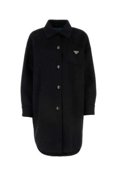 Shop Prada Woman Black Wool Blend Overcoat