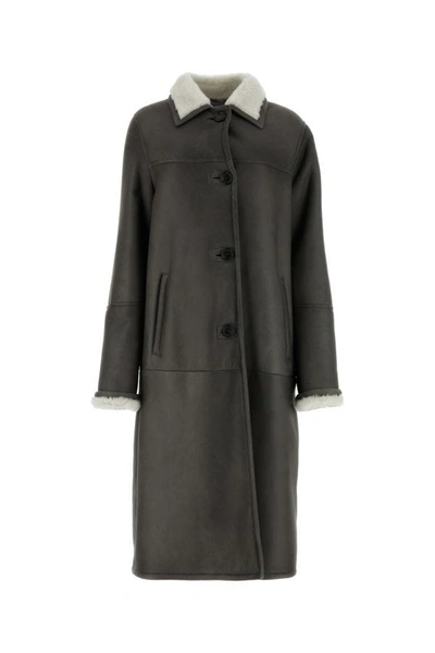Shop Prada Woman Dark Grey Shearling Coat In Gray