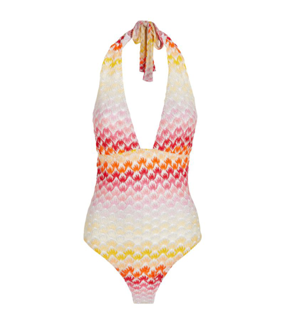 Shop Missoni Knitted Halterneck Swimsuit In Multi
