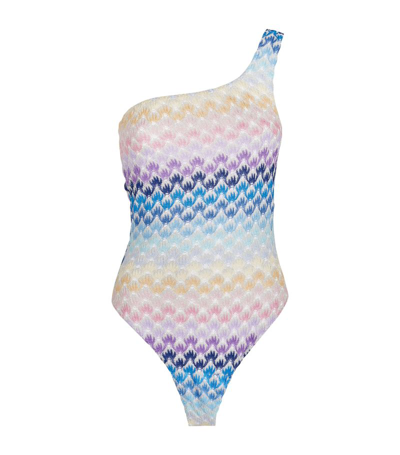 Shop Missoni Knitted One-shoulder Swimsuit In Blue