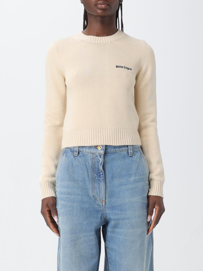 Palm Angels Cream White Crewneck Sweater With Embroidered Logo In White