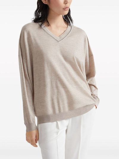 Shop Brunello Cucinelli Cashmere And Silk Blend V-necked Sweater In Beige
