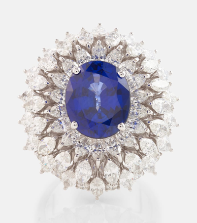 Shop Yeprem Reign Supreme 18kt White Gold Ring With Sapphire And Diamonds In Blue