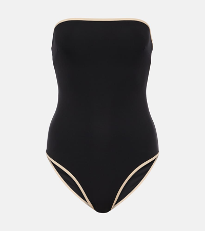 Totême Stripe Edge Strapless Swimsuit Black In Black