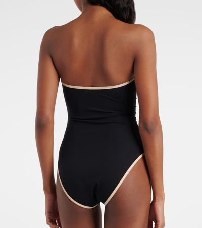 Totême Stripe Edge Strapless Swimsuit Black In Black
