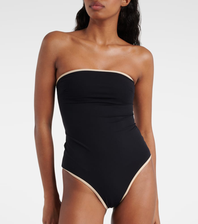 Totême Stripe Edge Strapless Swimsuit Black In Black