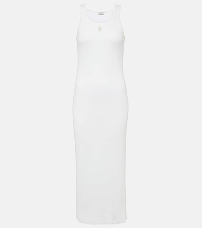 Shop Brunello Cucinelli Logo Embroidered Cotton Midi Dress In White