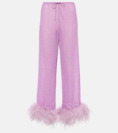 Shop Oseree Lumière Plumage Feather-trimmed Pants In Purple