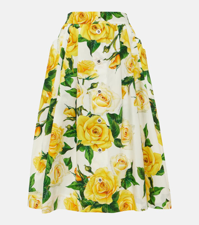 Shop Dolce & Gabbana Floral Cotton Poplin Midi Skirt In Rose Gialle Fdo Bco