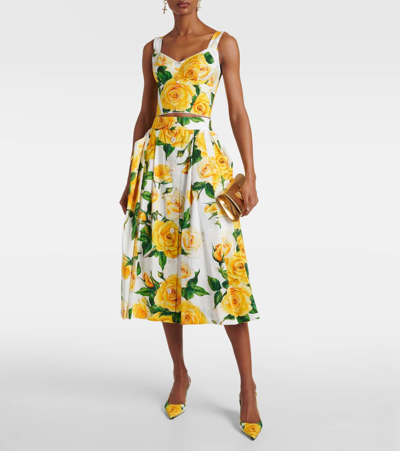 Dolce & Gabbana Pleated Floral-print Cotton-poplin Midi Skirt In Rose Gialle Fdo Bco