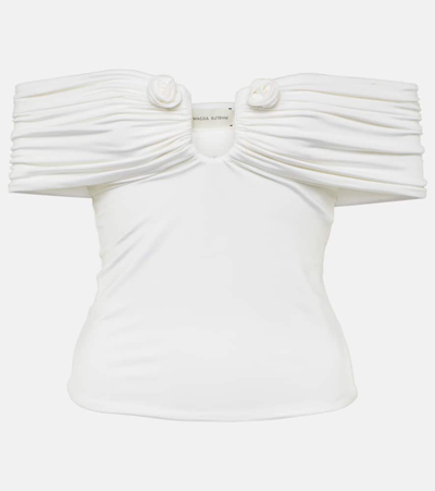 Shop Magda Butrym Floral-appliqué Off-shoulder Jersey Top In White
