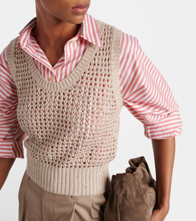 Brunello Cucinelli Sequin-embellished Open-knit Cotton-blend Vest In Camel Chiaro