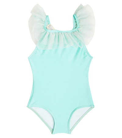 Shop Suncracy Baby Barcelona Tulle-trimmed Swimsuit In Aquamarine