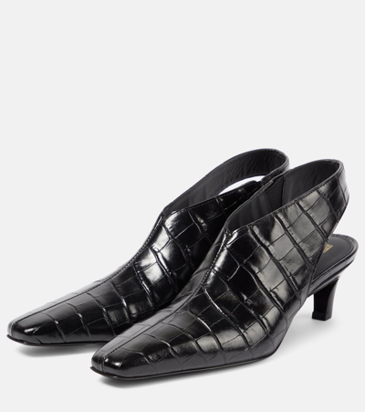 Shop Totême The Mid Heel Croco Leather Slingback Pumps In Black