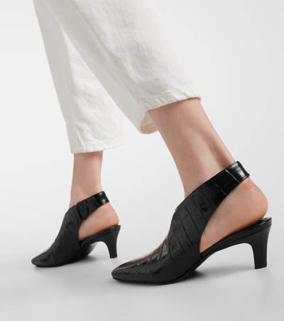 Totême The Mid Heel Croco Leather Slingback Pumps In Black
