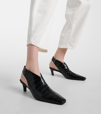 Totême The Mid Heel Croco Leather Slingback Pumps In Black