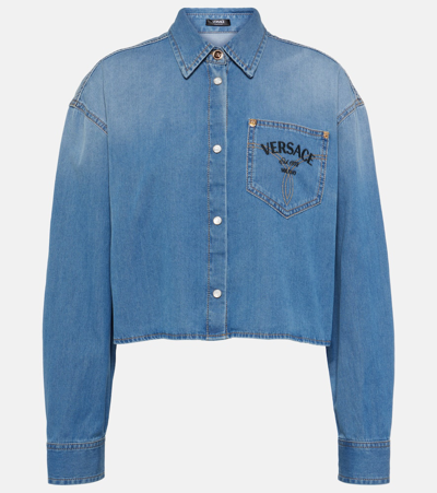 Shop Versace Milano Cropped Denim Shirt In Medium Blue