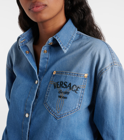 Shop Versace Milano Cropped Denim Shirt In Medium Blue