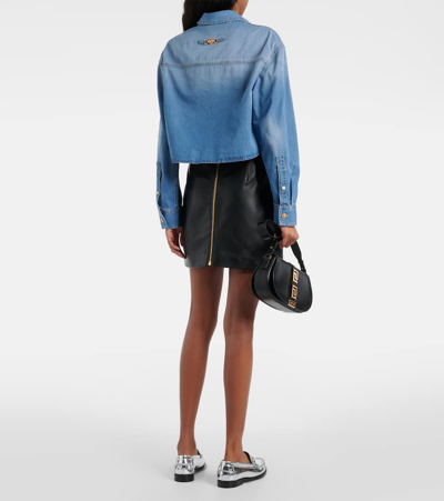 Shop Versace Milano Cropped Denim Shirt In Medium Blue