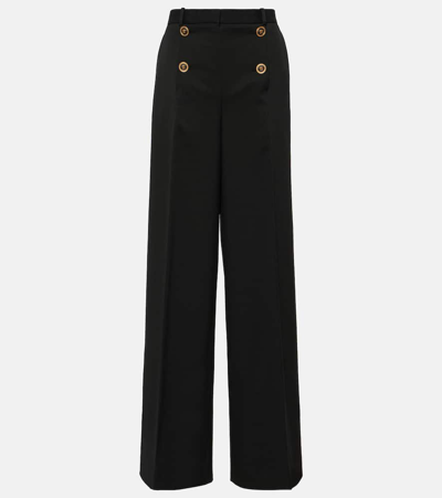 Shop Versace High-rise Wool-blend Wide-leg Pants In Black