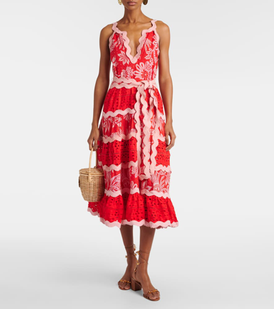 Shop Farm Rio Broderie Anglaise Floral Cotton Midi Dress In Flowerful Birds Red