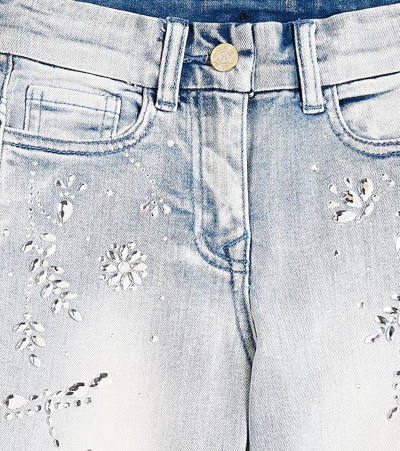 Shop Monnalisa Crystal-embellished Wide-leg Jeans In Stone Bleach