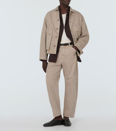 Shop Lemaire Twisted Cotton Tapered Pants In Denim Snow Beige