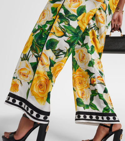 Dolce & Gabbana Floral High-rise Silk Wide-leg Pants In Rose Gialle Fdo Bco